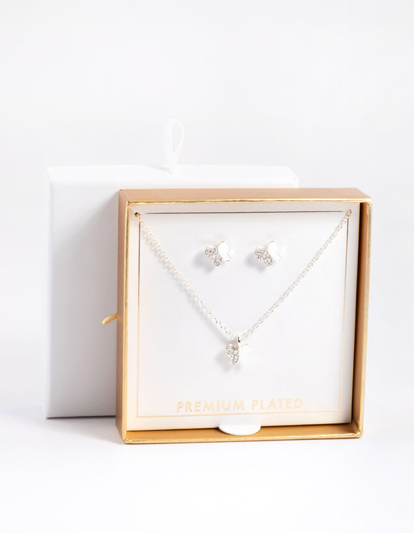 Silver Plated Diamante Butterfly Necklace & Stud Earrings Set