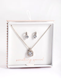 Silver Square Halo Necklace & Stud Earrings Set - link has visual effect only