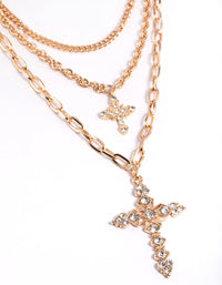 Gold Triple Row Mix Diamante Cross Necklace - link has visual effect only