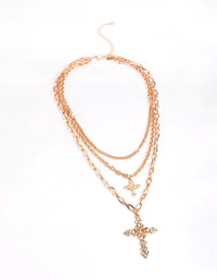 Gold Triple Row Mix Diamante Cross Necklace - link has visual effect only