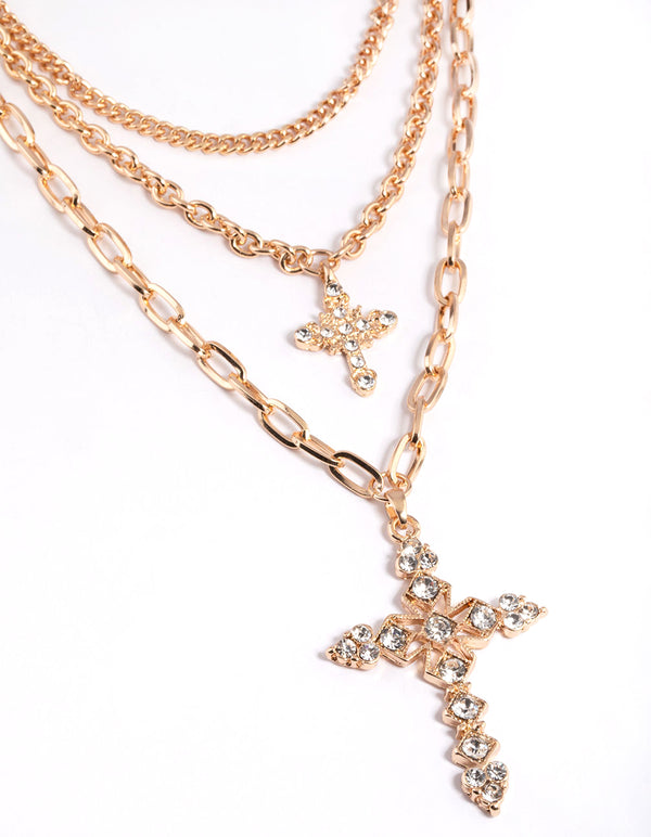 Gold Triple Row Mix Diamante Cross Necklace