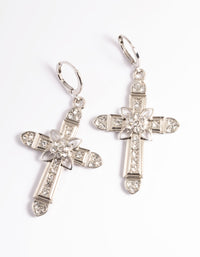 Rhodium Diamante Cross Huggie Earrings - link has visual effect only