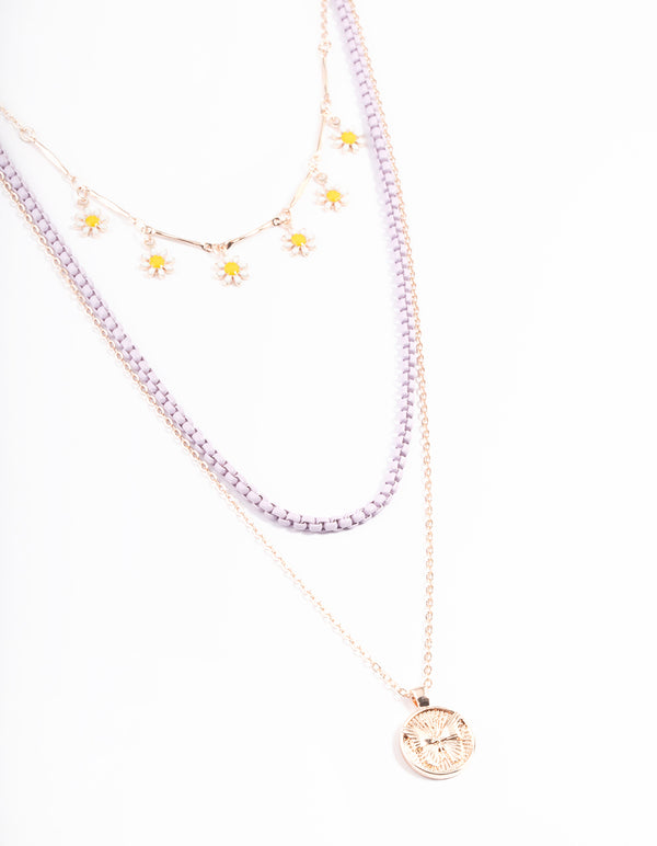 Rose Gold Daisy Butterfly Multi Row Necklace