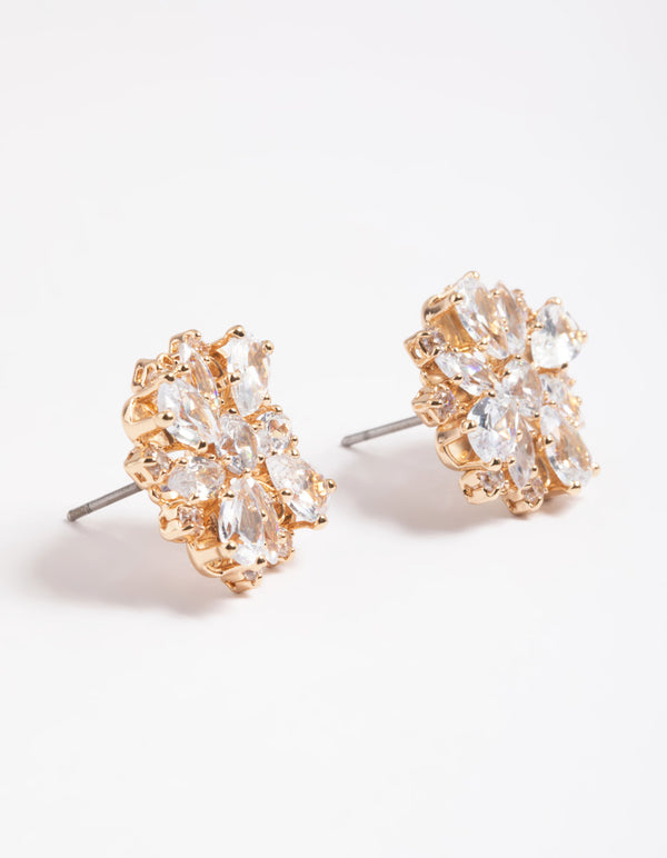 Gold Cubic Zirconia Flower Stud Earrings