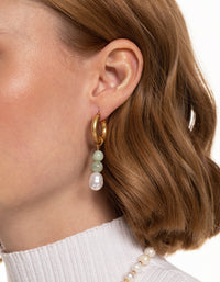 Worn Gold Green Bead & Pearl Drop Earrings - link has visual effect only