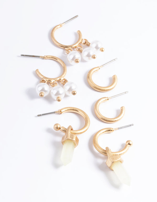 Worn Gold Shard & Pearl Pack Hoop Earrings