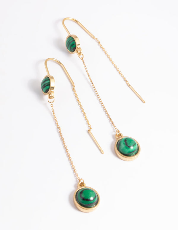 Worn Gold Round Green Stone Threader Earrings