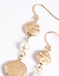 Worn Gold Pearl & Textured Disc Drop Earrings - link has visual effect only