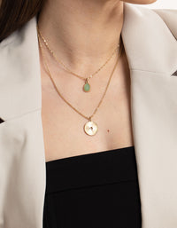 Worn Gold Green Teardrop & Disc Necklace - link has visual effect only