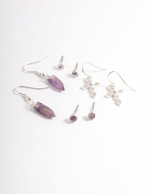 Silver Amethyst Cross Stack Earring Pack