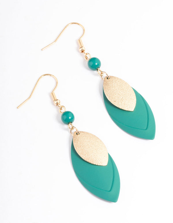 Gold Bead & Double Leaf Drop Earrings