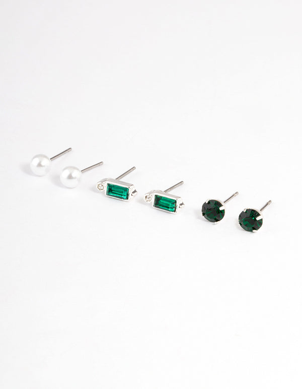 Silver Emerald & Round Pearl Earrings Pack