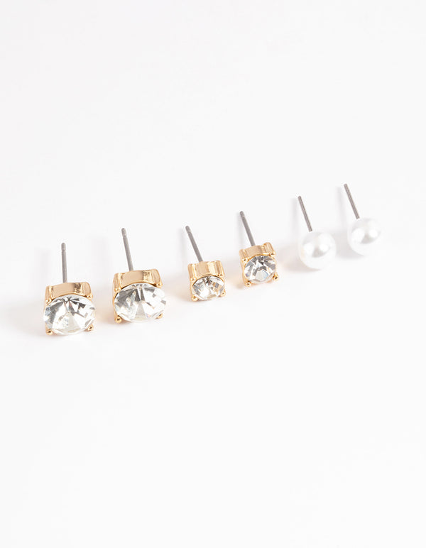 Gold Round & Pearl Stud Earrings Pack