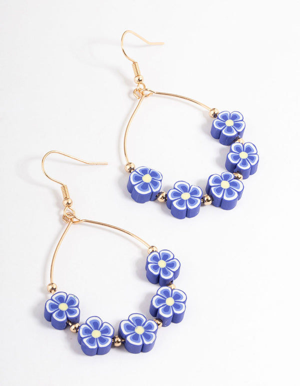 Blue Wire Flower & Bead Drop Earrings