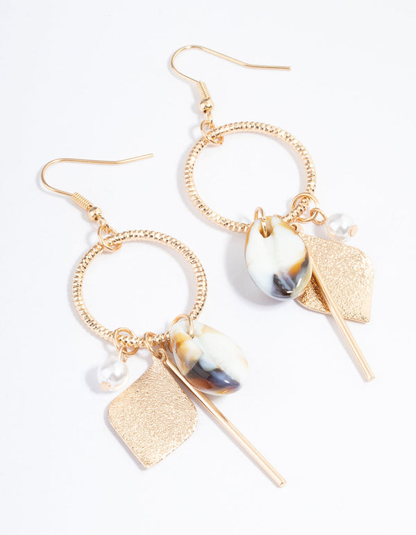 Gold Open Circle Shell Drop Earrings