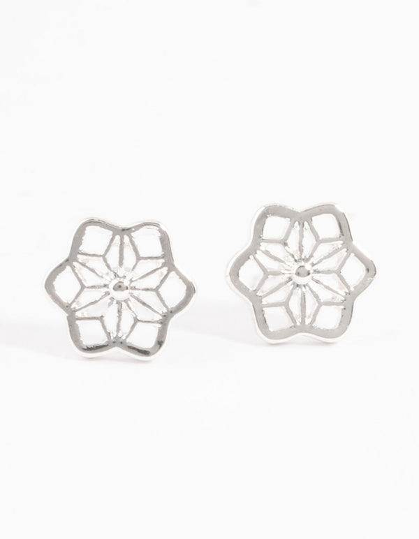 Silver Geometric Flower Stud Earrings