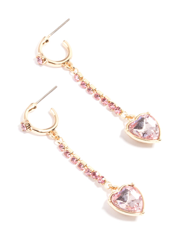 Gold Pink Heart Drop Hoop Earrings