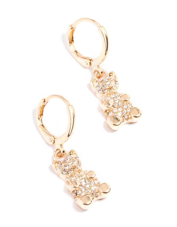 Gold Diamante Teddy Bear Huggie Earrings