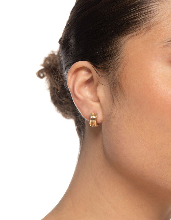 Gold Three Line Detail Huggie Earrings