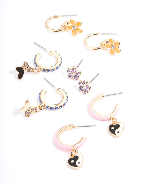 Gold Pink Enamel Charm Earrings 4-Pack