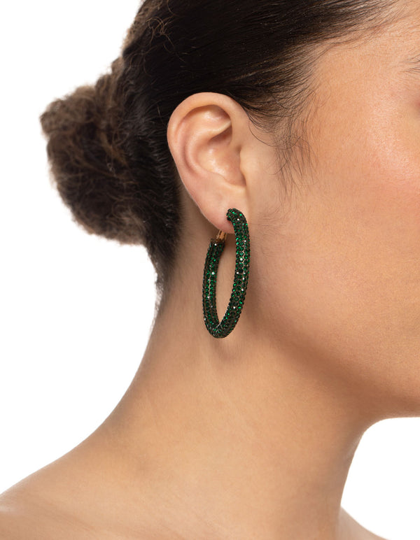 Gold Emerald 40mm Crystal Hoop Earrings