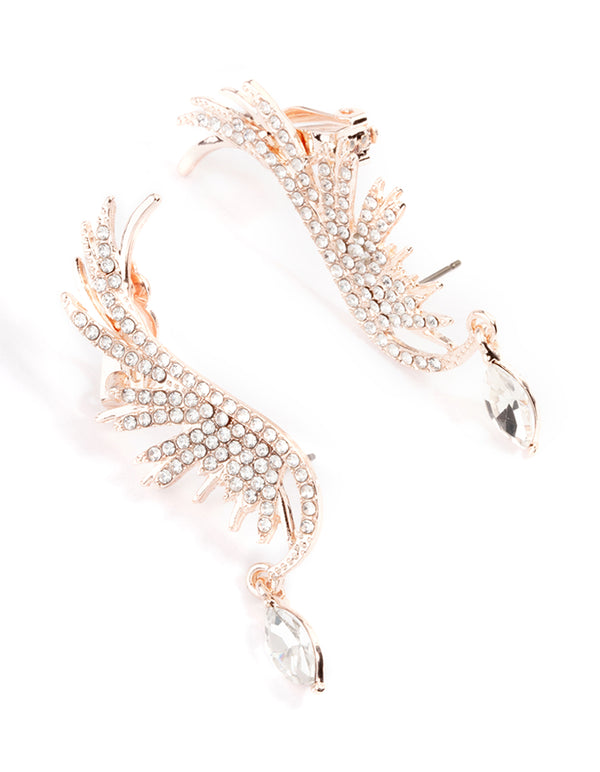 Rose Gold Diamante Wing Drop Cuff Earrings