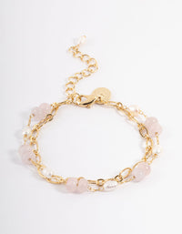 Gold Plated Rose Quartz Freshwater Pearl Double Row Chain Bracelet - link has visual effect only