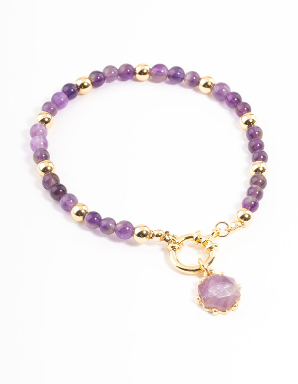 Gold Plated Amethyst Ball Bead Stretch Bracelet