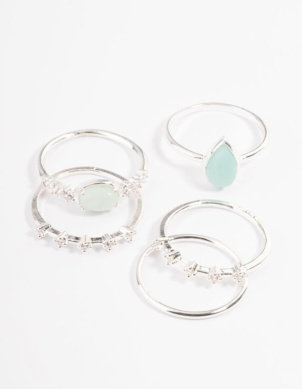 Silver Plated Amazonite Cubic Zirconia Dainty Stack Ring