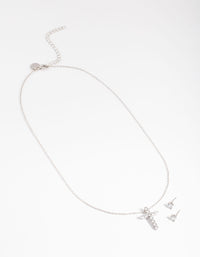 Rhodium Diamond Simulant Stud & Cross Necklace Set - link has visual effect only