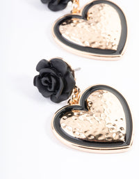 Gold Rose Drop Black Heart Earrings - link has visual effect only