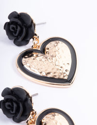 Gold Rose Drop Black Heart Earrings - link has visual effect only