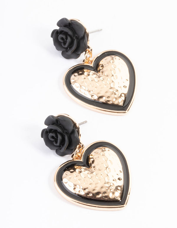 Gold Rose Drop Black Heart Earrings