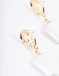 Gold Plated Oval Coin & Freshwater Pearl Drop Earrings - link has visual effect only