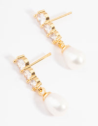 Gold Plated Cubic Zirconia Trio Freshwater Pearl Drop Earrings - link has visual effect only