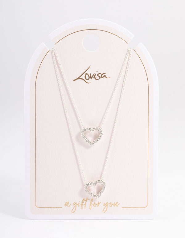 Silver Double Diamante Open Heart Layered Necklace