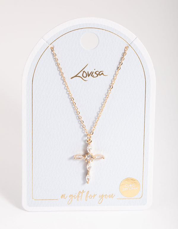 Gold Classic Diamante Cross Necklace