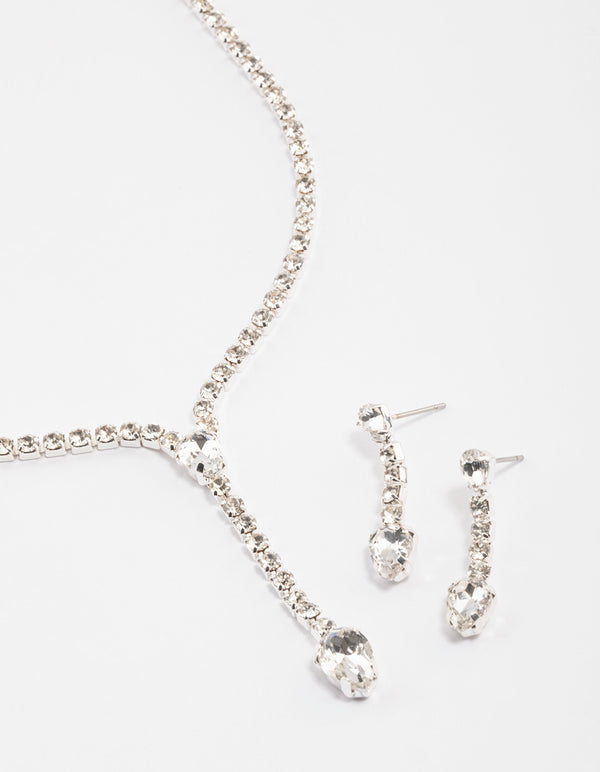 Silver Teardrop Diamante Cupchain Earrings & Necklace