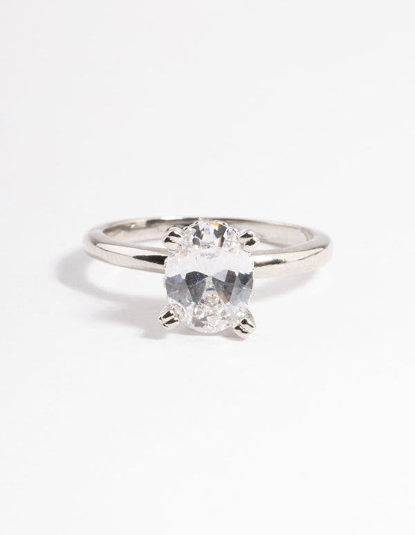 Rhodium Cubic Zirconia Single Oval Ring