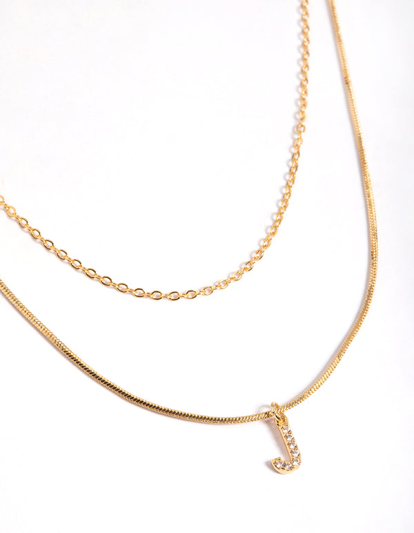 Letter J Gold Plated Layered Diamante Initial Necklace