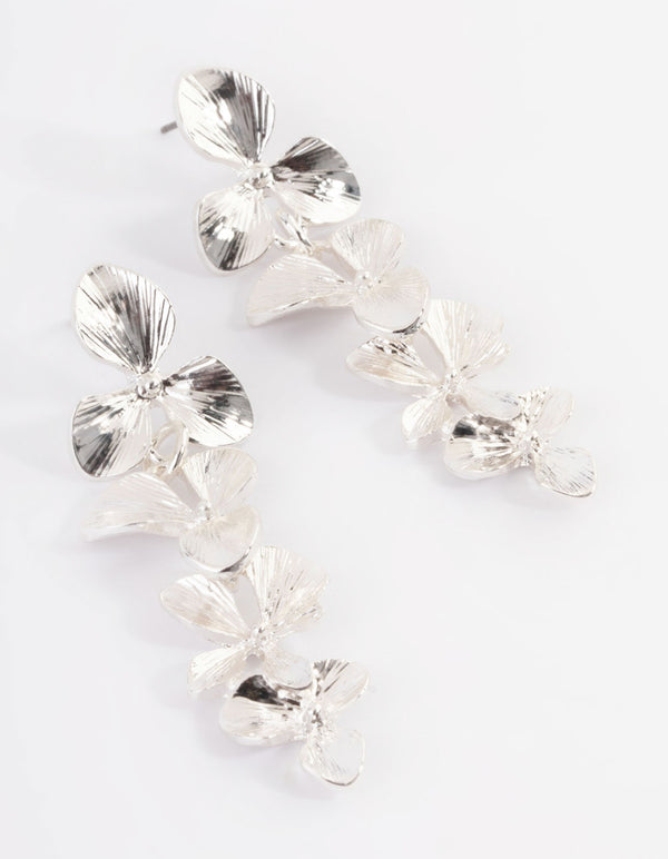 Rhodium Graduated Flower Drop Earrings