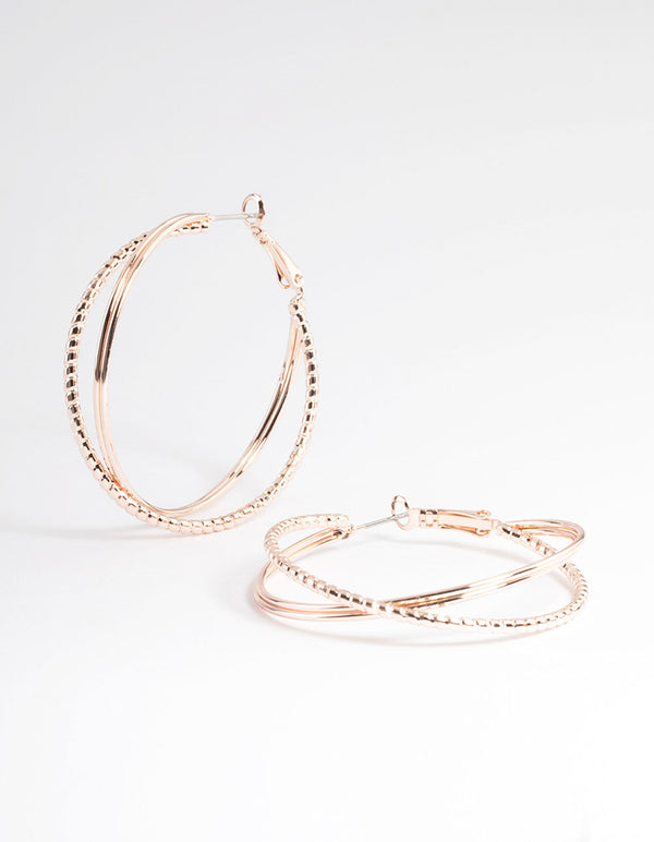 Rose Gold Textured Cross Over Hoop Earrings