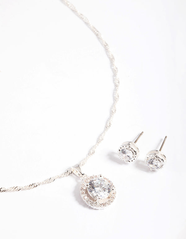 Silver Cubic Zirconia Twist Round Diamante Earrings & Necklace Set