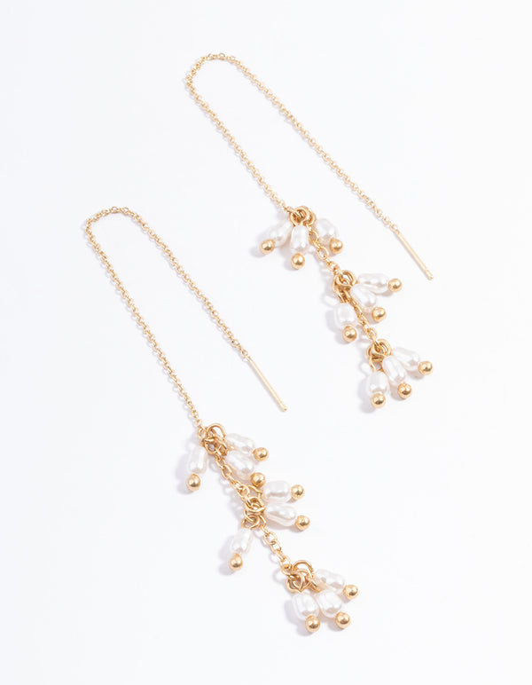 Worn Gold Drop Chain Pearl Earrings