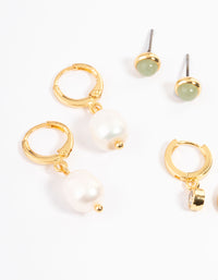 Gold Plated Green Aventurine Freshwater Pearl Cubic Zirconia Earring Pack - link has visual effect only