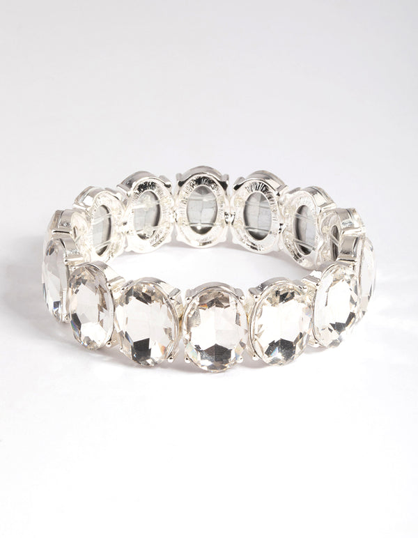 Silver Large Oval Diamante Stretch Bracelet