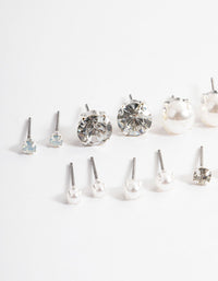 Silver Pearl & Diamante Stud Earrings 8-Pack - link has visual effect only