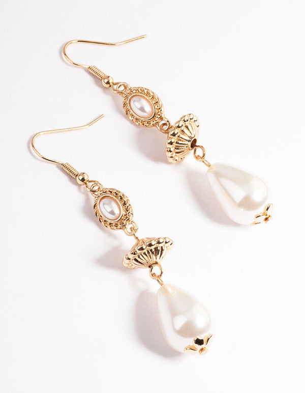 Gold Boho Pearl & Bead Drop Earrings