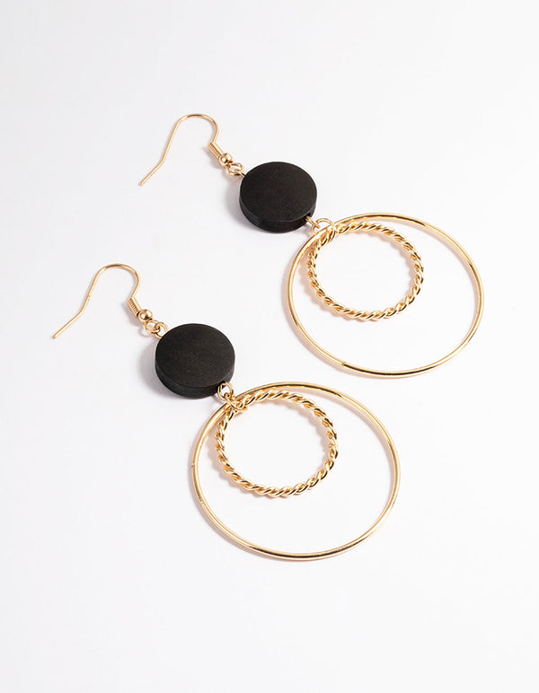 Gold & Black Bead Open Circle Drop Earrings