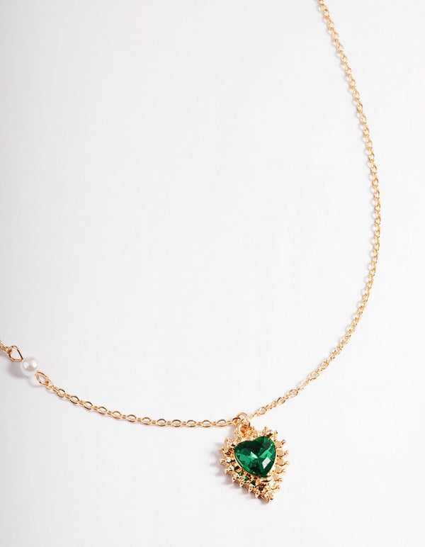 Gold Green & Diamante Heart Pendant Necklace